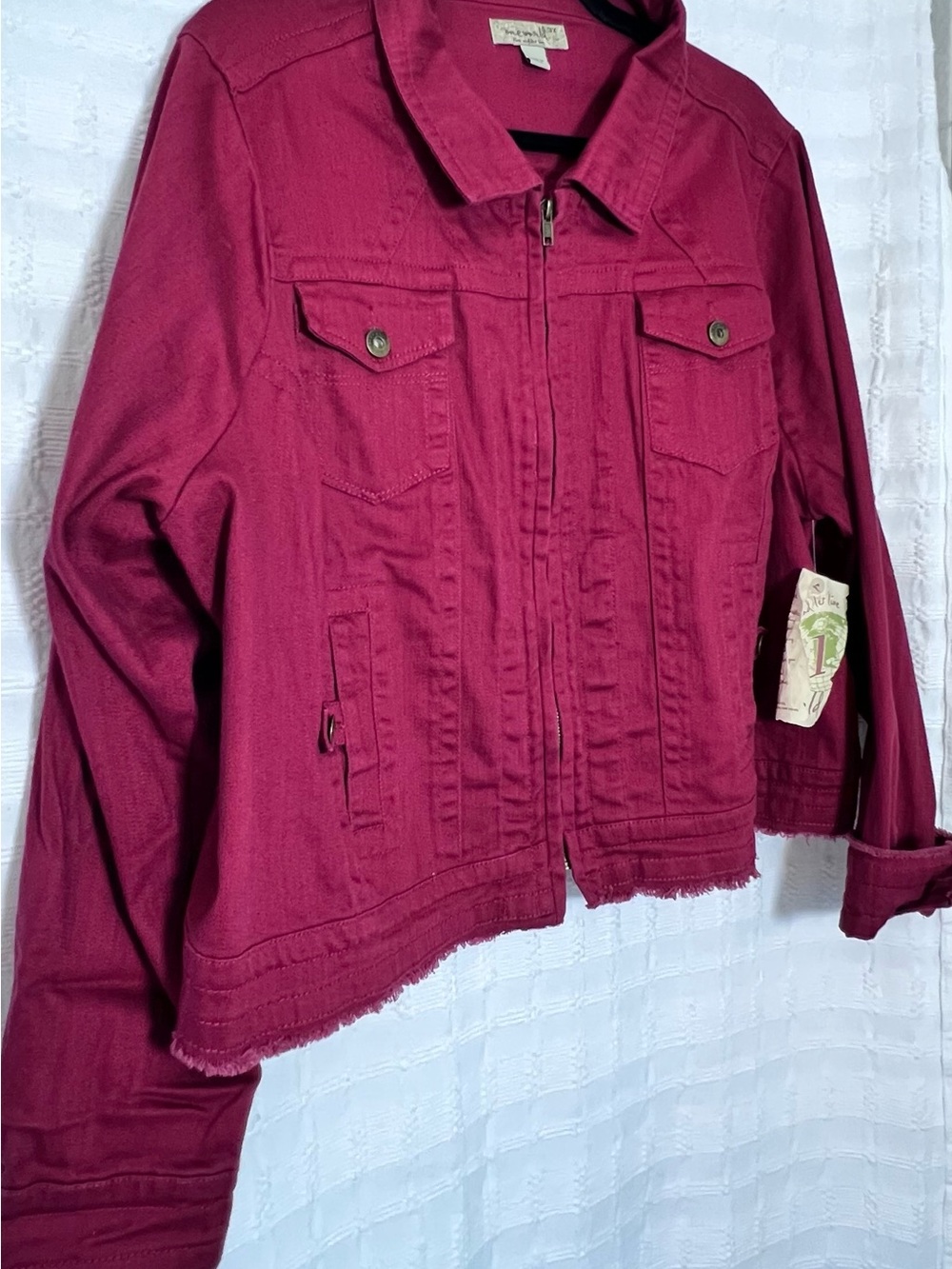 ONE WORLD Raspberry Zip-Front Jean Jacket - Picture 7 of 11